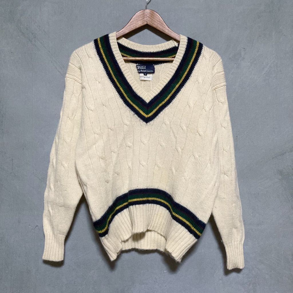 80's vintage Polo Ralph Lauren ポロラルフローレン ウール ニット ケーブル チルデン クリケット セーター size.L アイボリー トラッド_画像1