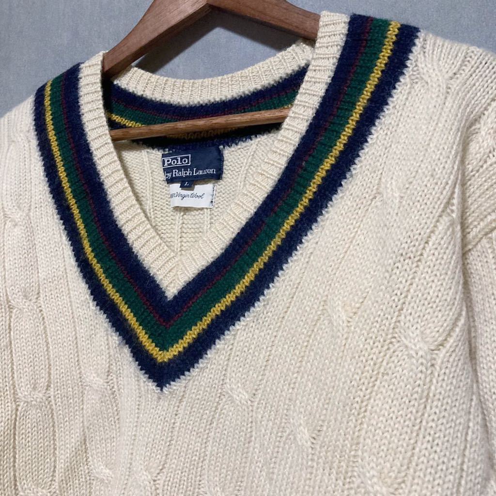80's vintage Polo Ralph Lauren ポロラルフローレン ウール ニット ケーブル チルデン クリケット セーター size.L アイボリー トラッド_画像3
