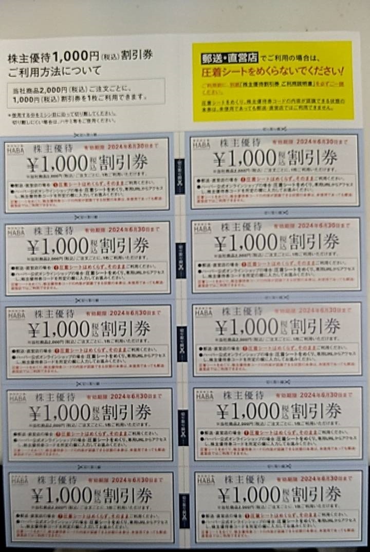 HABAハーバー研究所株主優待券1000円割引券10枚セット 一式　2024年6月30日まで有効_画像1