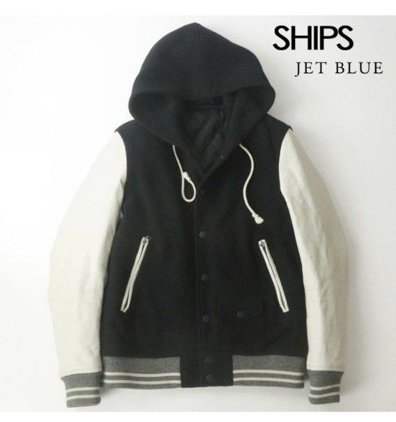 【美品】37600円 7SHIPS JET BLUE シップスブランド  軽い上質牛革×メルトンウール×フード付 中綿 スタジャン