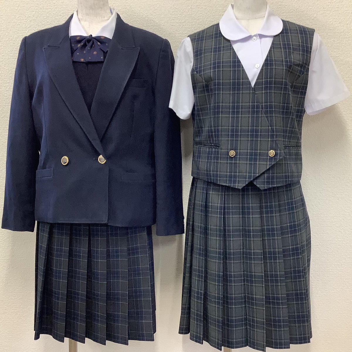 I274/Y(中古)山形県 上山明新館高校 女子制服8点 /11-1/L/W69/丈54/ブレザー/セーター/ベスト/ブラウス/スカート/紺/チェック/学生服