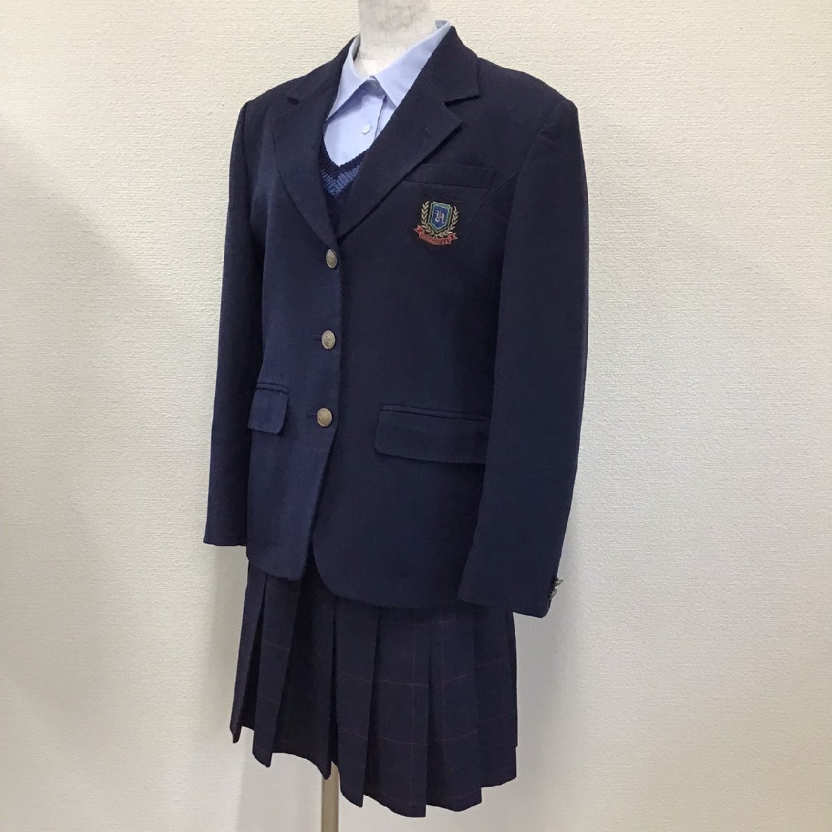 O414/(中古)広島県 廿日市高校 女子制服4点 /165A/L/W66/ブレザー/セーター/ブラウス/スカート/紺/チェック柄/冬用/冬服/女子学生/学生服_画像1