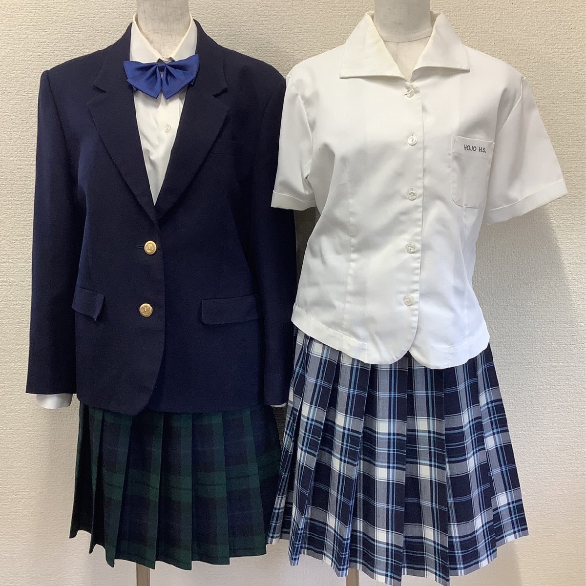 I304/Y(中古)福島県 安達東高校 女子制服6点 /閉校/統合/L/W69/丈51/ブレザー/ブラウス/スカート/リボン/紺/青/緑/チェック/TOMBOW/学生服