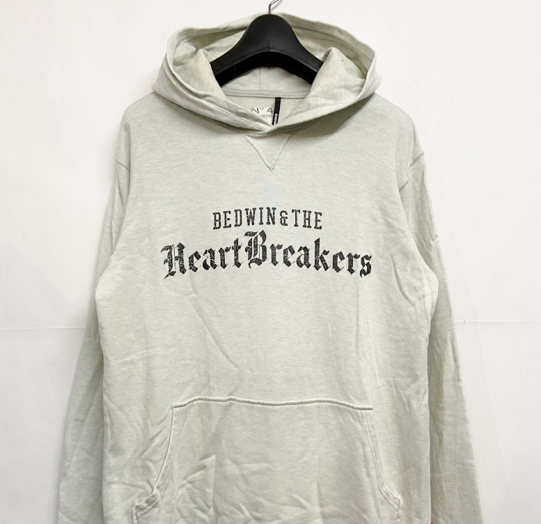 サイズ4◆日本製 BEDWIN & THE HEARTBREAKERS ベドウィン シルク混 ロゴプリント プルオーバーパーカー ヘザーライトグリーン スウェット_画像2