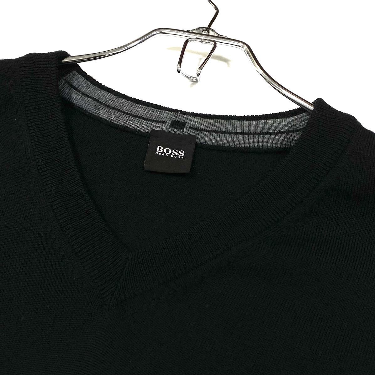 HUGO BOSS(ヒューゴボス)Vネック ニットセーター 刺繍ロゴ ウール100% メンズXXL ブラック_画像4