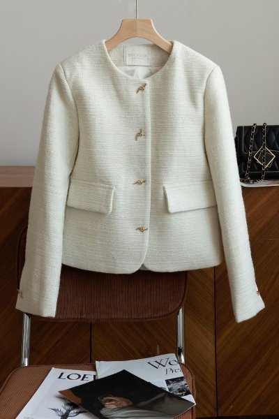 新品暖かレディース60％ウールコート洗練ジャケットノーカラー白M_画像1