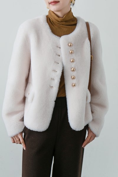 新品暖かいレディース100％ウールコート毛皮ジャケットノーカラー白S_画像3