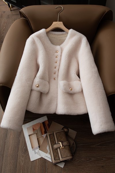 新品暖かいレディース100％ウールコート毛皮ジャケットノーカラー白S_画像9