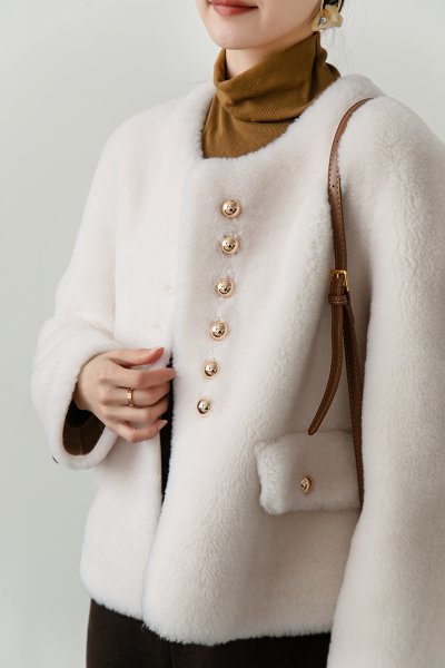 新品暖かいレディース100％ウールコート毛皮ジャケットノーカラー白S_画像10