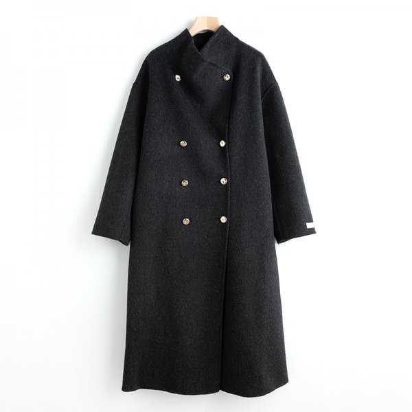 新品暖かいレディース両面ウールジャケット立ち襟コートゆったり黒グレーM
