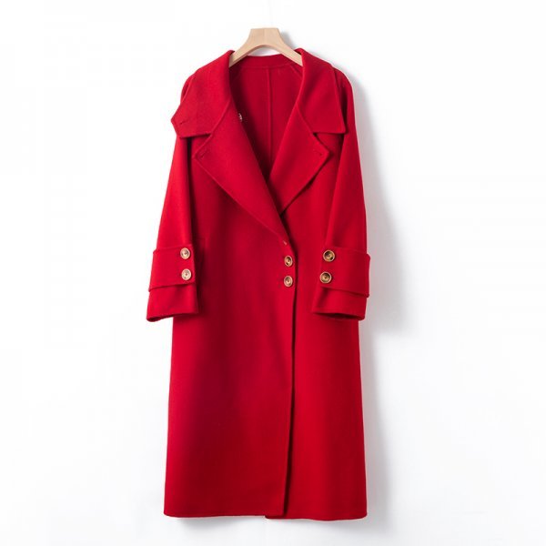 新品暖かいレディースウールカシミヤジャケットレザーコートトレンチコート赤L