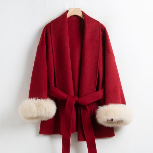 新品暖かいレディース両面ウールラビットコート袖フォックスファージャケット赤S