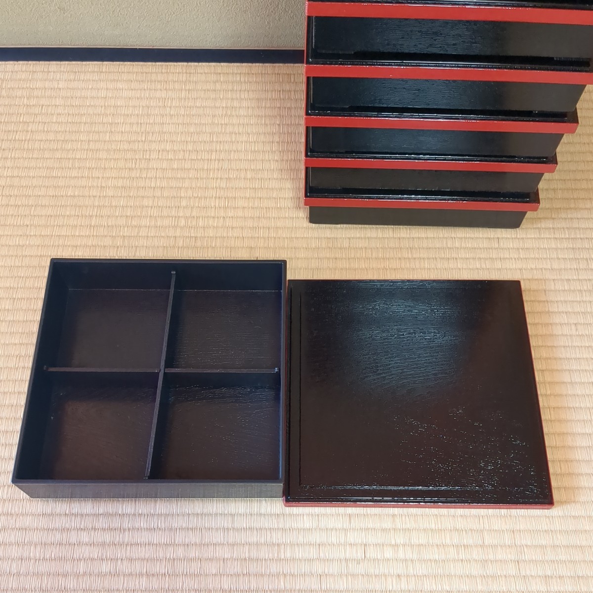 松花堂弁当箱8組セット◆十字仕切り8客組/懐石道具 漆器/菓子器/重箱/茶道具_画像3