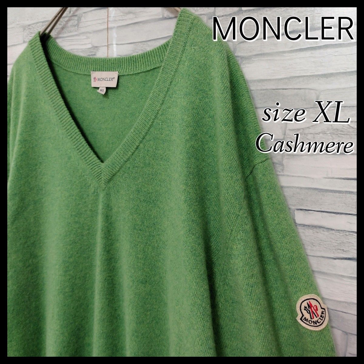 【最高デザイン】MONCLER モンクレール☆ワッペンロゴ付カシミヤニット/セーター　XL　くすみ緑　希少　カシミア　Vネック