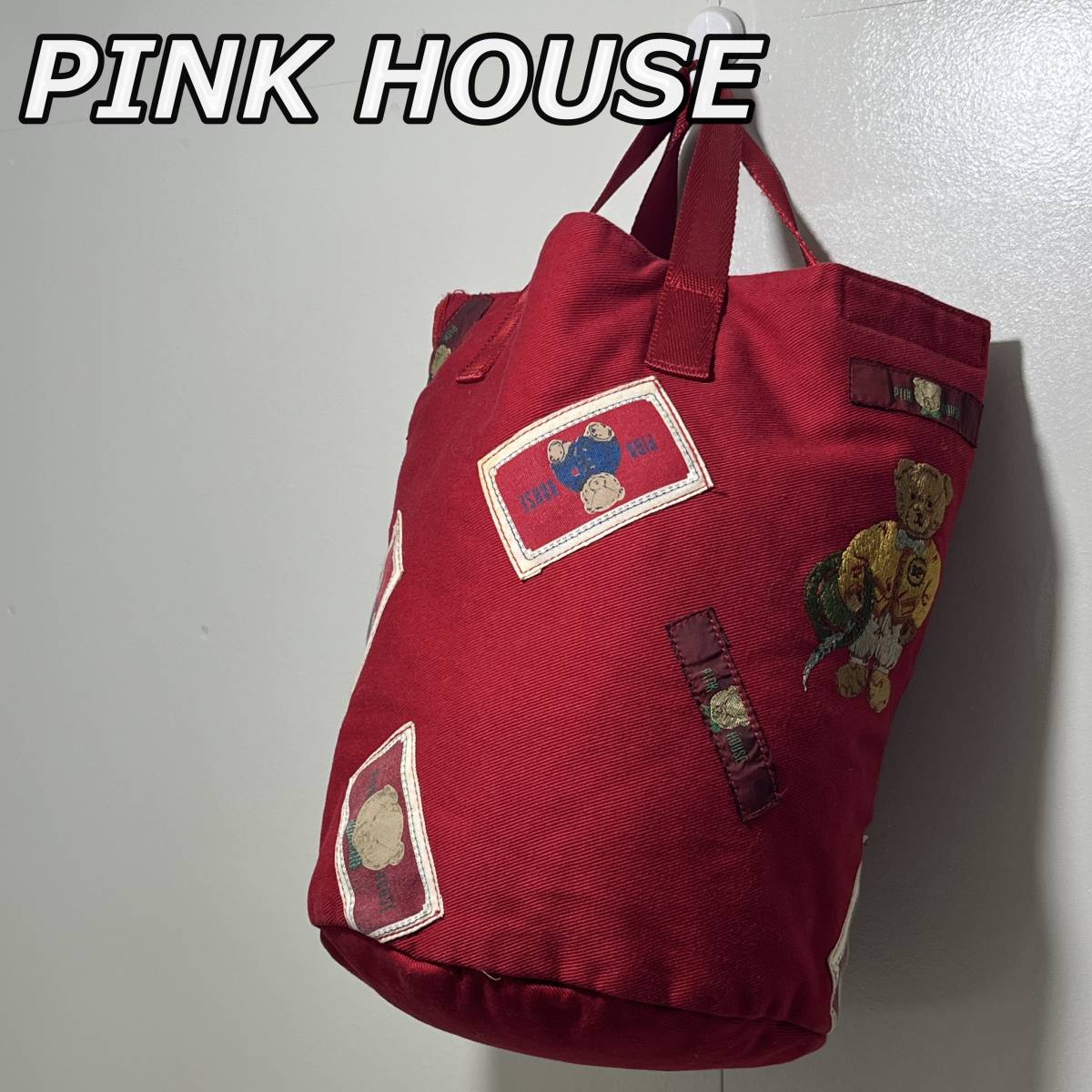 【PINK HOUSE】ピンクハウス ベアー刺繍 ロゴ ワッペン 総柄 バケットバッグ トート ハンド くま バケツ型 かばん 赤 レッド