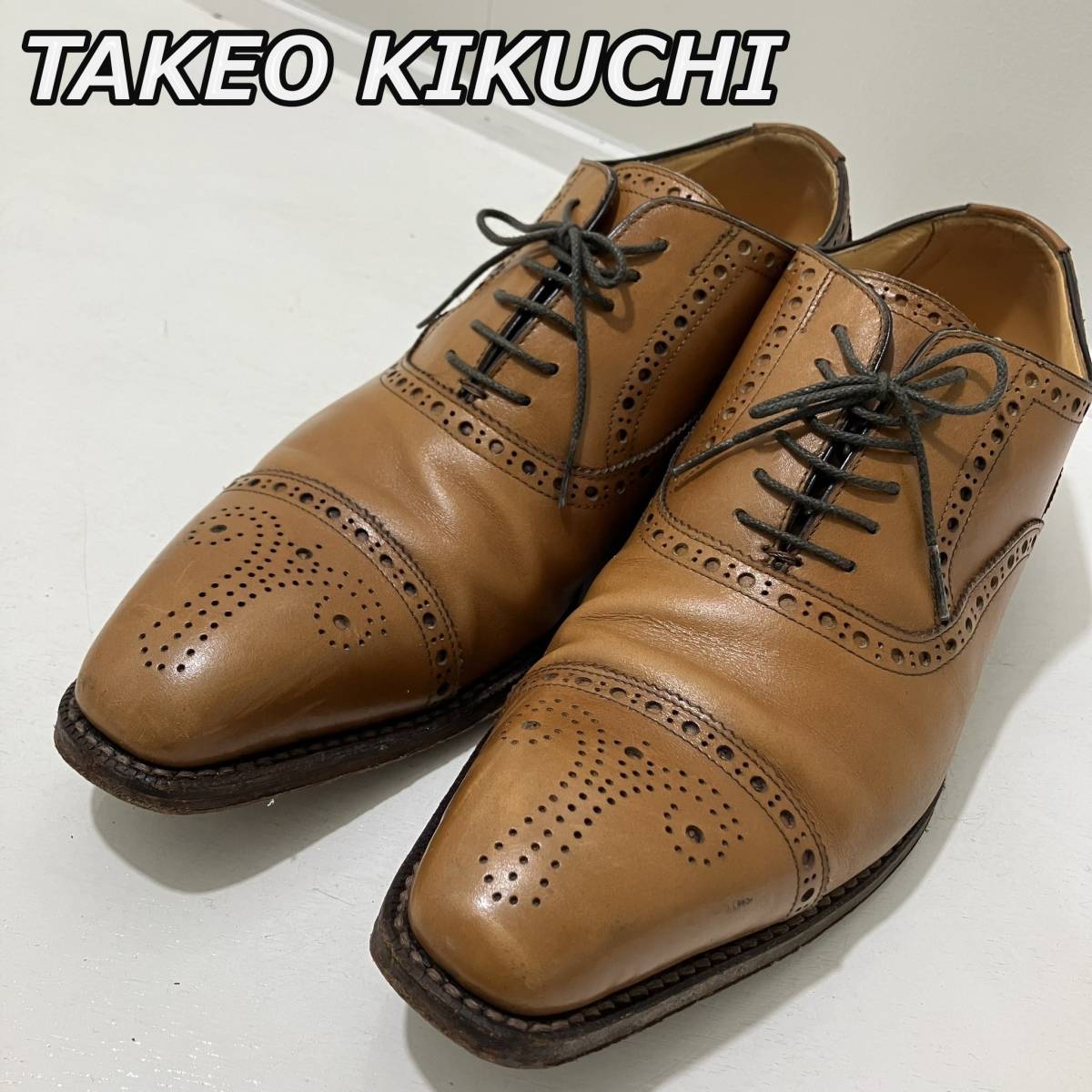 size:3【TAKEO KIKUCHI】タケオキクチ ストレートチップ メダリオン 内羽 ドレスシューズ ビジネス スクエアトゥ キャメル 070-03641_画像1