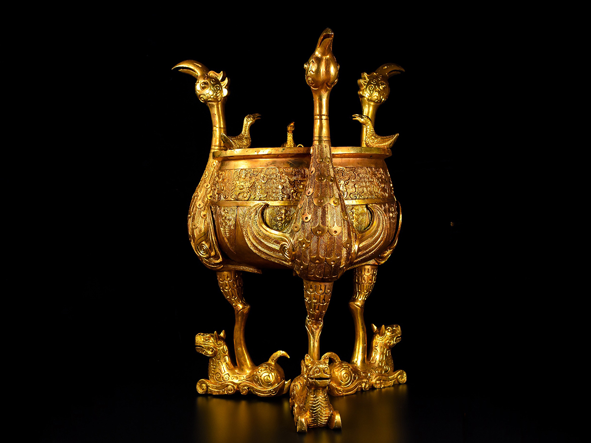 ▽鴻▽漢朝時代 古銅塗金彫 飛鳥瑞獣鼎 時代物 中国古美術 骨董品