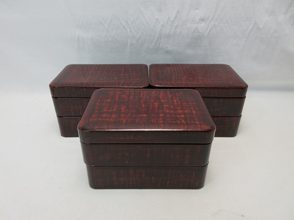 I10373 【 美品 茶道具 木製 二段重箱 弁当箱 3客 内朱 箱無 】 検) 懐石道具 和食器 菓子盆 菓子入 珍味入れ 会席 茶事 茶器 ⅱ