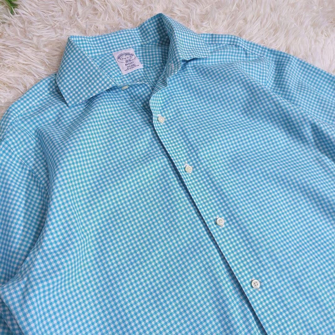 Brooks Brothers ギンガムチェック・ワイドカラー長袖シャツ やや青緑がかった水色&白 ノンアイロン生地 REGENT  ブルックスブラザーズ 1959