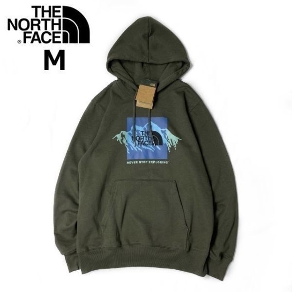 1円～!売切!【正規新品】THE NORTH FACE◆NOV GRAPHIC HOODIE パーカー ボックスロゴ US限定 裏起毛 男女兼用 キャンプ(M)カーキ 181130-33_画像1