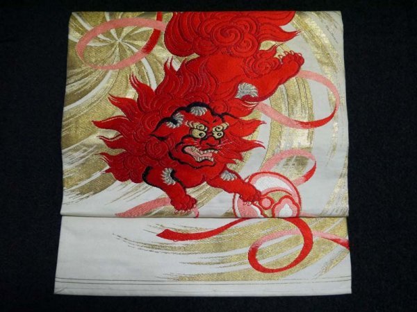 KIRUKIRU】アンティーク 名古屋帯 正絹 大正ロマン 真っ赤な唐獅子