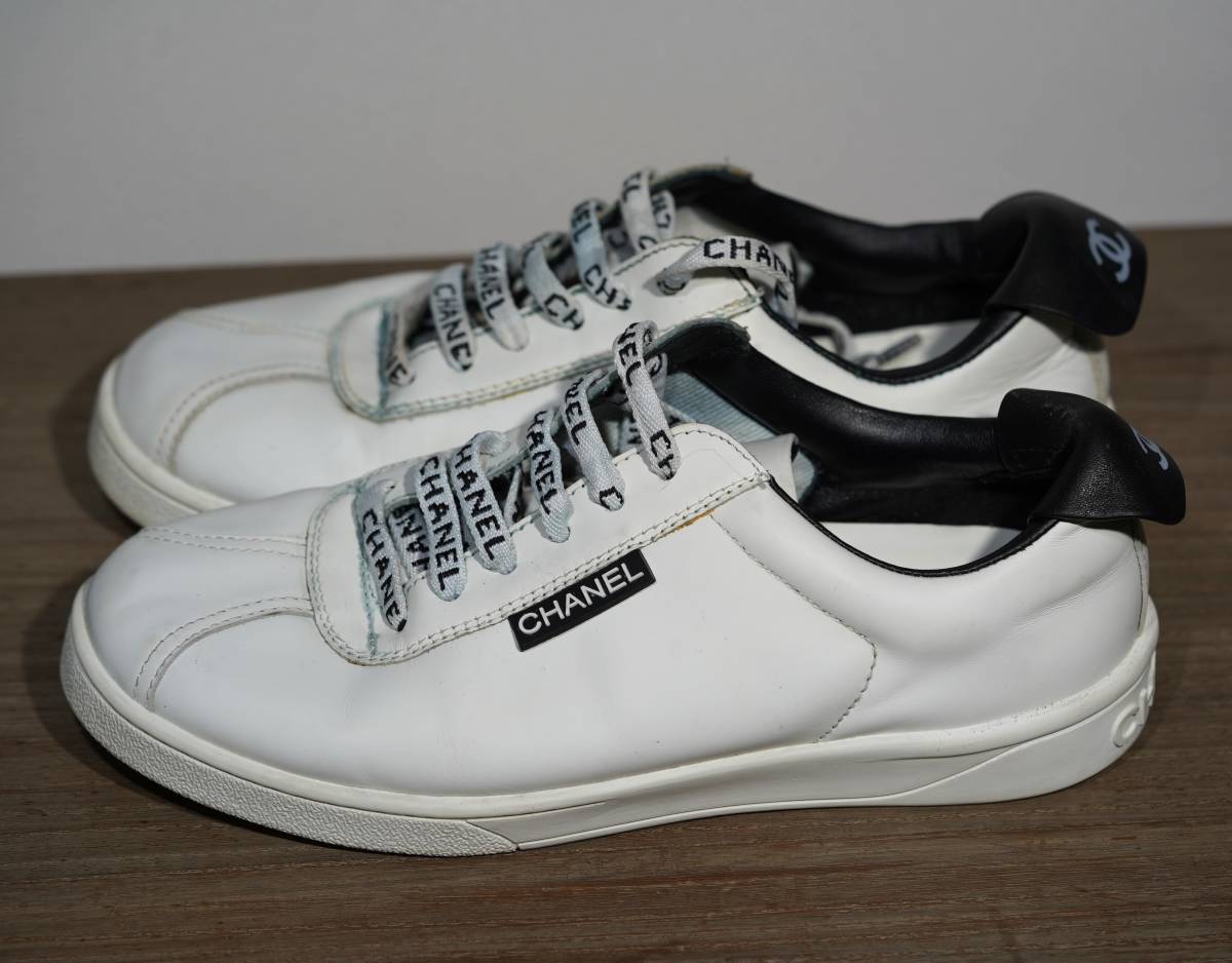 シャネル CHANEL スニーカー 38 白 ホワイト レザー ITALY製 レディース ココマーク 靴