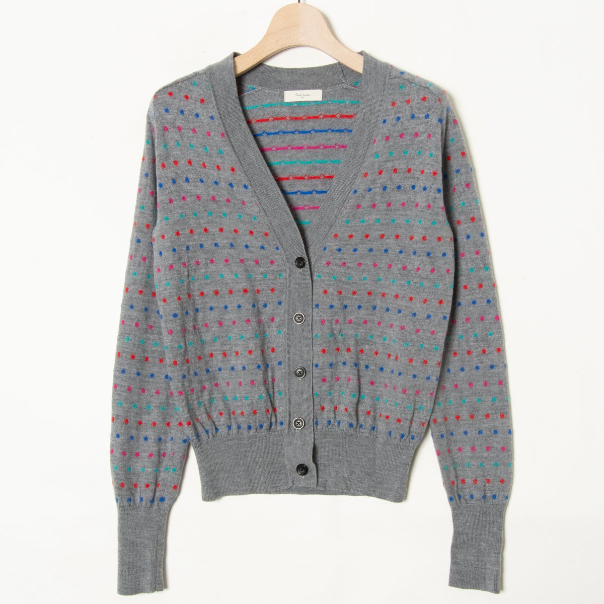 【1円スタート】Paul Smith ポールスミス カラフルドットVネックカーディガン ニット トップス ウール100％ レトロ かわいい 灰色 M_画像1