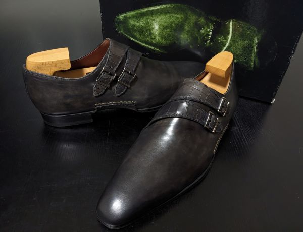 極美品 使用回数少 マグナーニ 40 MAGNANNI オパンケ クロコデザイン ダブルモンク ドレスシューズ 箱付 7884_画像4