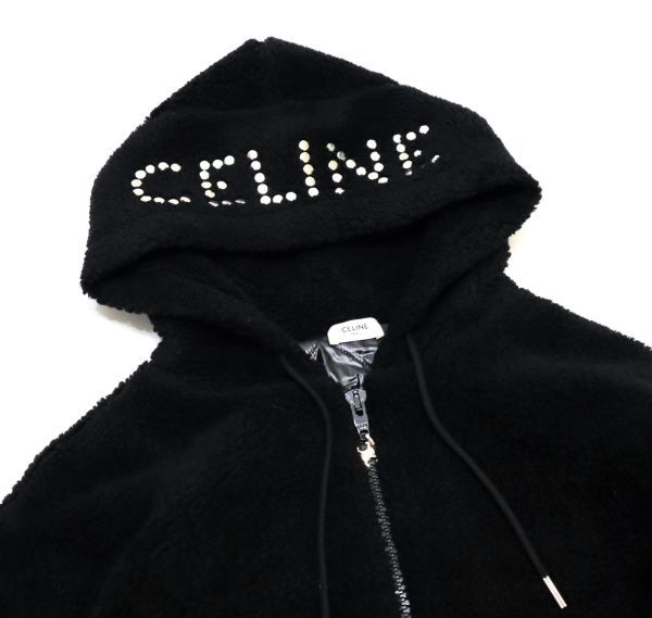 正規品 22AW CELINE 2Y906699M フードスタッズロゴ ジップアップ フリース中綿ジャケット セリーヌ LOGO ボア ブルゾン パーカー 黒Ｓ S-42_画像7