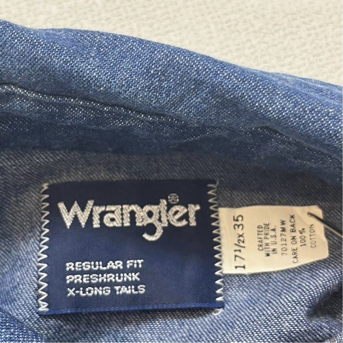 h 90 年代 アメリカ 製 Wrangler デニム ウエスタン シャツ 17 1/2 ラングラー vintage ビンテージ usa shirt L/S 90sの画像9