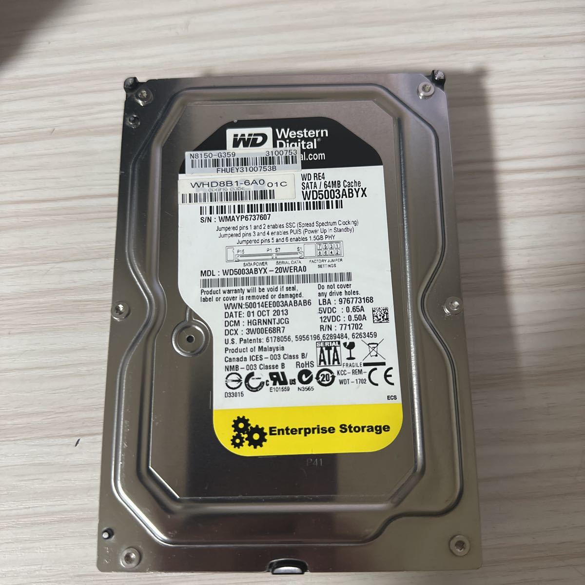 Q415:【動作保証/使用0時間 】WDC SATA 3.5インチHDD SATA 500GB WD5003ABYX-20WERA0_画像1