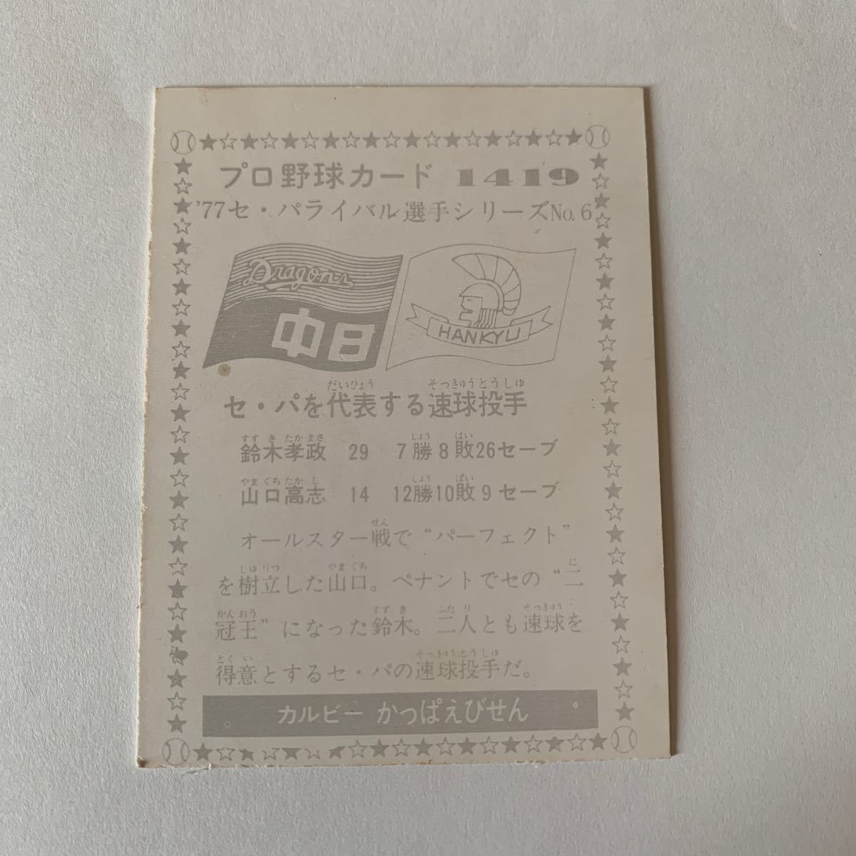 レア　1977年　中日　鈴木　カルビー プロ野球カード　セパライバル選手シリーズ_画像2