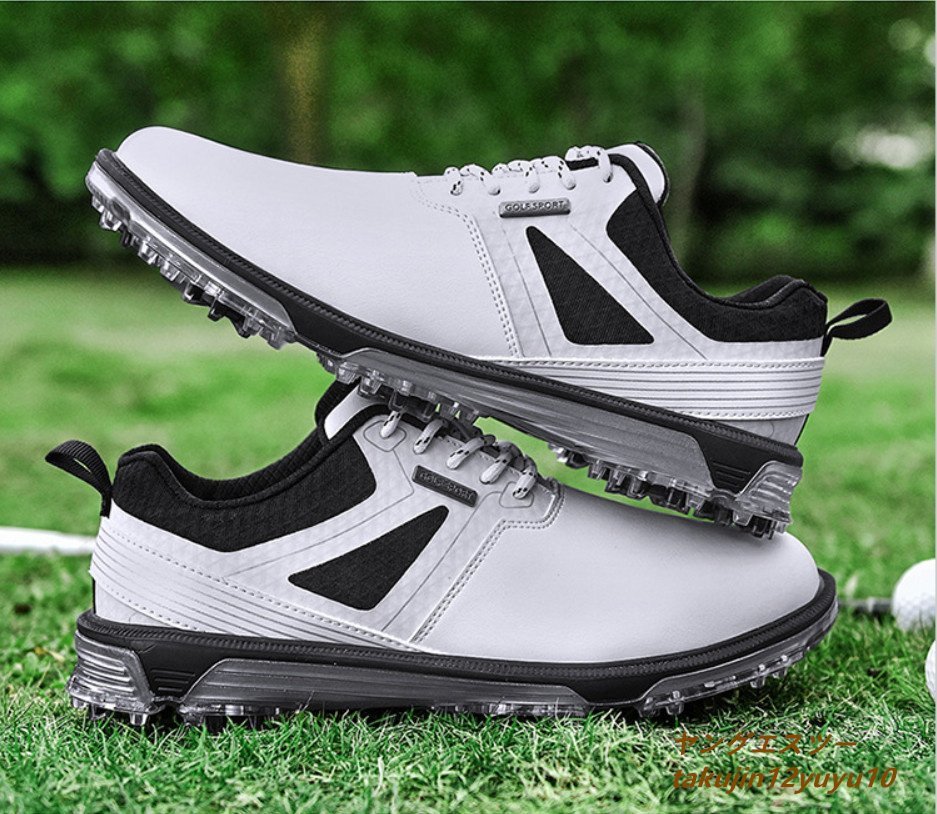 高級 ゴルフシューズ 4E 運動靴 メンズ ソフトスパイク 強いグリップ新品 軽量 フィット感 スポーツシューズ弾力性 防水防滑耐磨 白 27.5cm