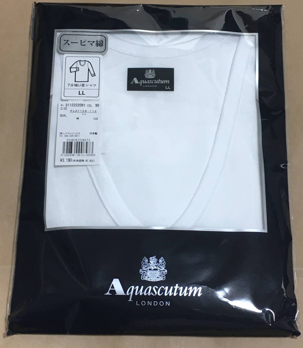 Aquascutum 7分袖 U首シャツ 日本製 スーピマ綿100％ LL アクアスキュータム 定価3.190円の画像1