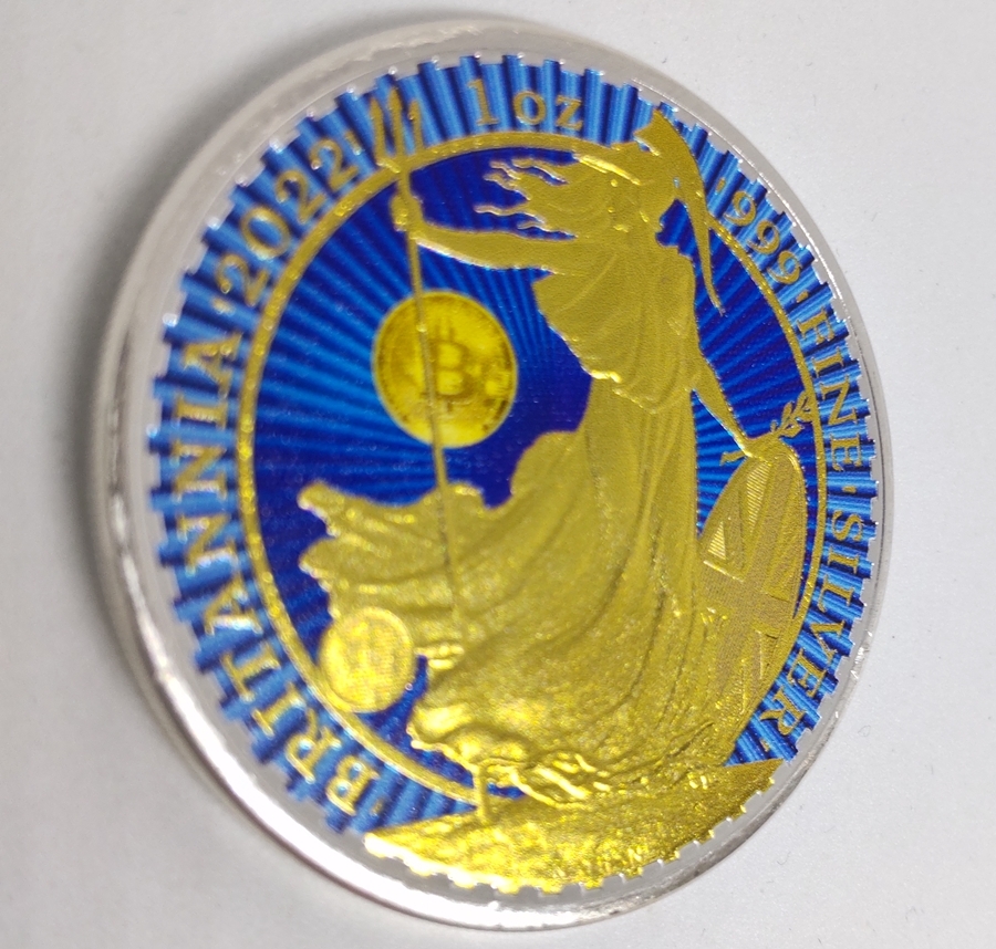 １円スタート 2022 英国 ロイヤルミント 銀貨 ブリタニア ￡2 おもしろコイン ビットコイン カラーバージョン NGC 「着色されたコイン」_画像3