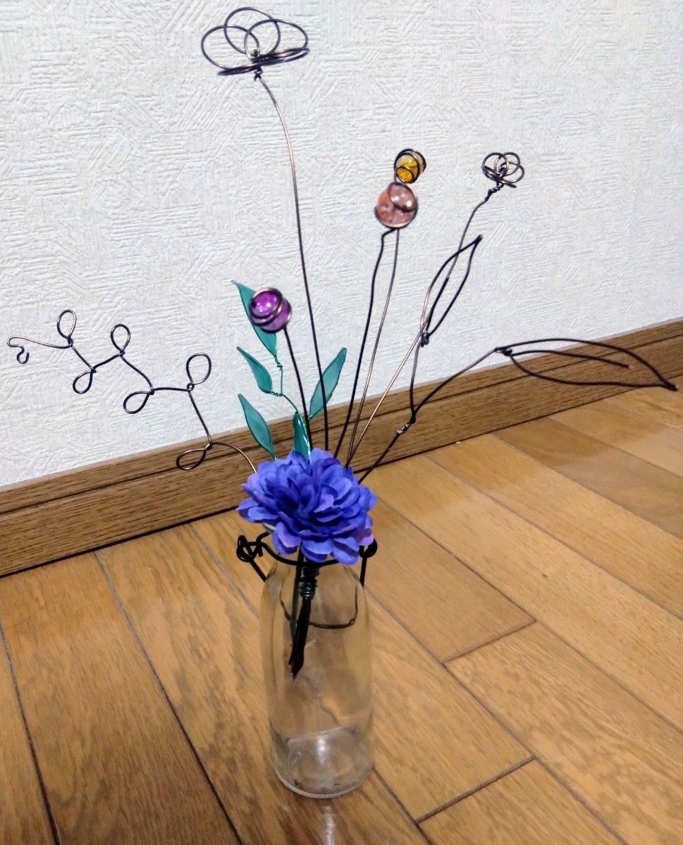 フラワーブーケ　色付き　ワイヤーアート　ワイヤークラフト　花瓶に飾れる