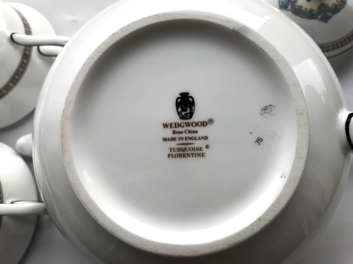 ★WEDGWOOD/ウエッジウッド/ティーポットとカップ２個セット/Florentine/フロレンティーン・ターコイズ/壺ロゴ/アンティーク/蓋に欠け_画像9