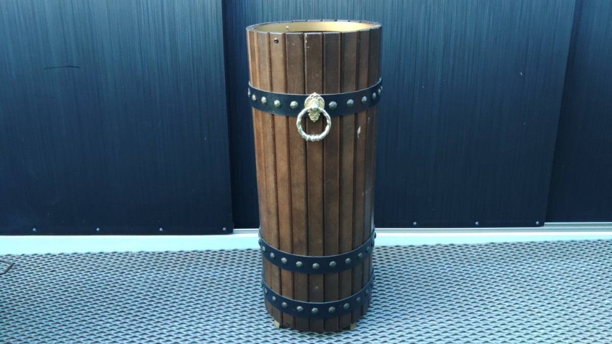 昭和 レトロ カリモク 木製 樽型 傘立て_画像6