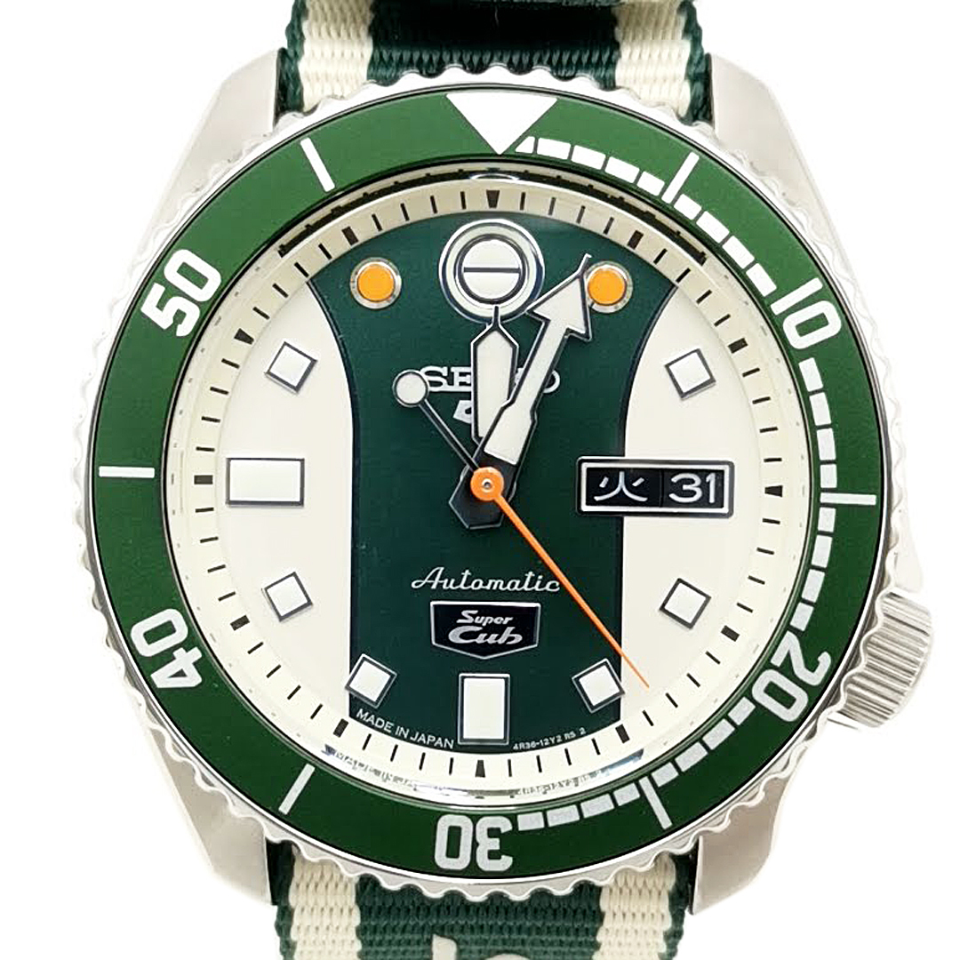 送料無料 超美品 セイコー5 スポーツ ホンダ スーパーカブ コラボ 腕時計 3針 自動巻き SBSA181 緑系 メンズ