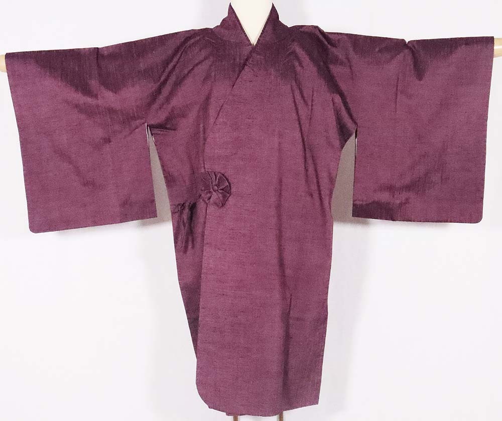 秋 冬用 和装コート 手織り紬 道中着 正絹 赤紫 Lサイズ A4871 送料無料 美品
