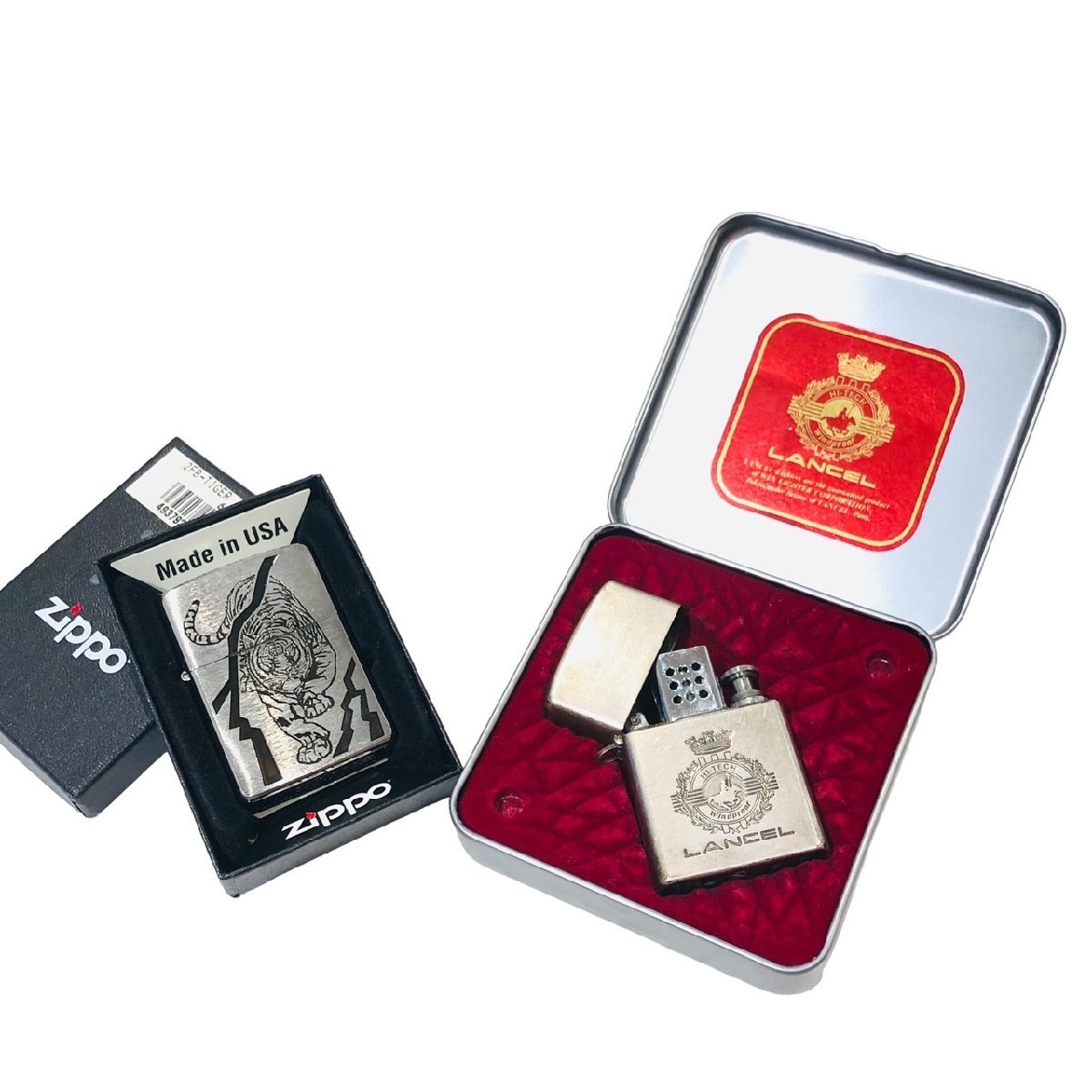 ブランドライター２点セット ZIPPO ジッポー オイル ライター タイガー 寅 雷 イナズマ 箱付 / LANCEL ランセル ターボライター No.7800_画像1