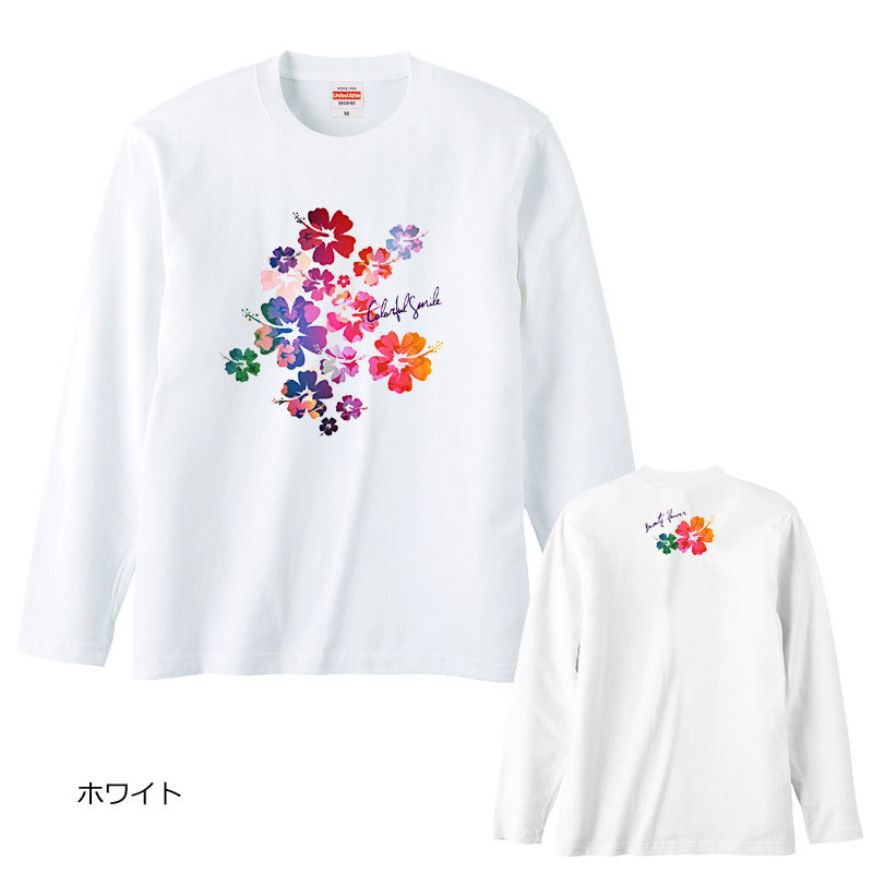 レディースM対応(タグ表記男女兼用S)/ホワイト*グラデーションハイビスカスプリント*長袖/Ｔシャツ/フラダンス/ハワイ/送料無料【tl055】_画像1