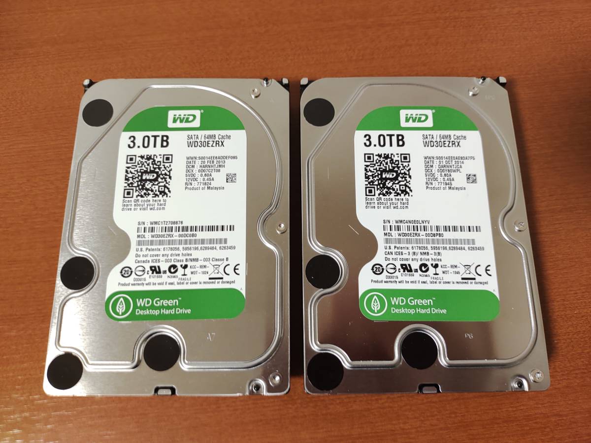 【送料無料】Western Digital WD30EZRX 3TB×2台 計6TB SATA 3.5インチ内蔵HDD CMR 中古動作品 正常判定 使用時間4411h＆4820h_画像1