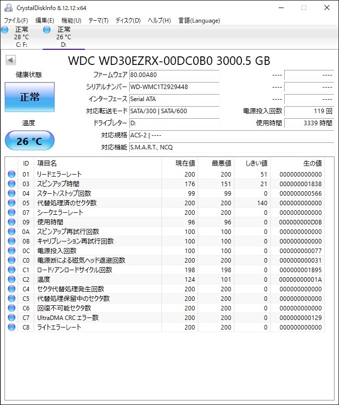 【送料無料】Western Digital WD30EZRX 3TB×2台 計6TB SATA 3.5インチ内蔵HDD CMR 中古動作品 正常判定 使用時間3339h＆3612h_画像3