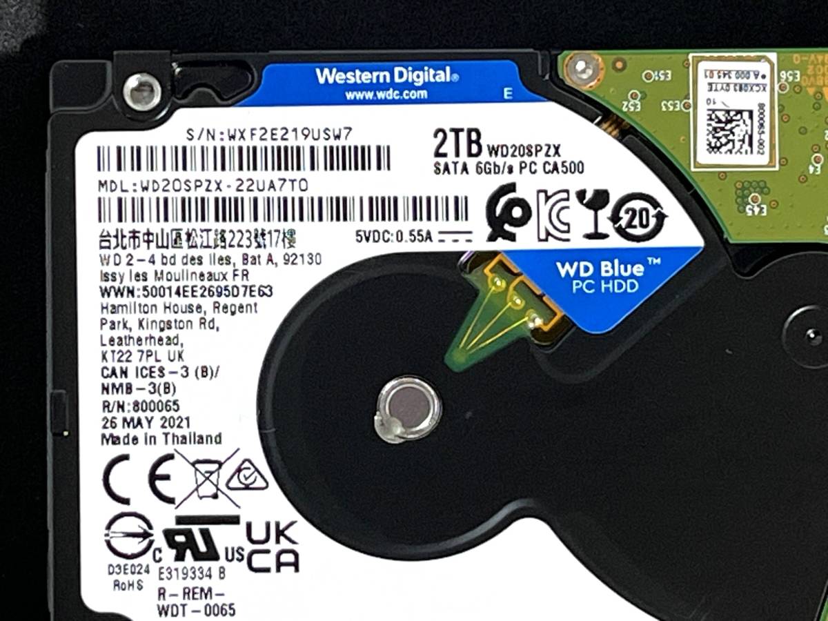 【送料無料】 ★ 2TB ★　WD Blue　/　WD20SPZX　【使用時間：280ｈ】2021年製　Western Digital Blue　稼働少 2.5インチ内蔵HDD/7mm 即決 