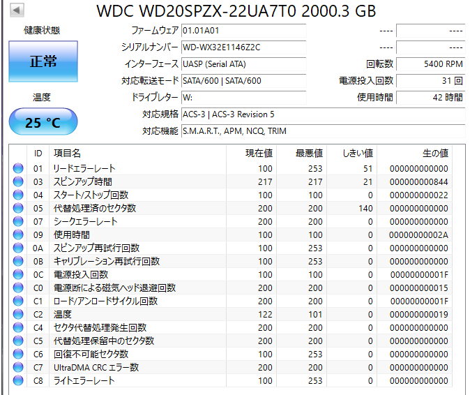 【送料無料】 ★ 2TB ★　WD Blue　/　WD20SPZX　【使用時間：42 ｈ】2021年製　Western Digital Blue 稼働極少 2.5インチ内蔵HDD/7mm 即決