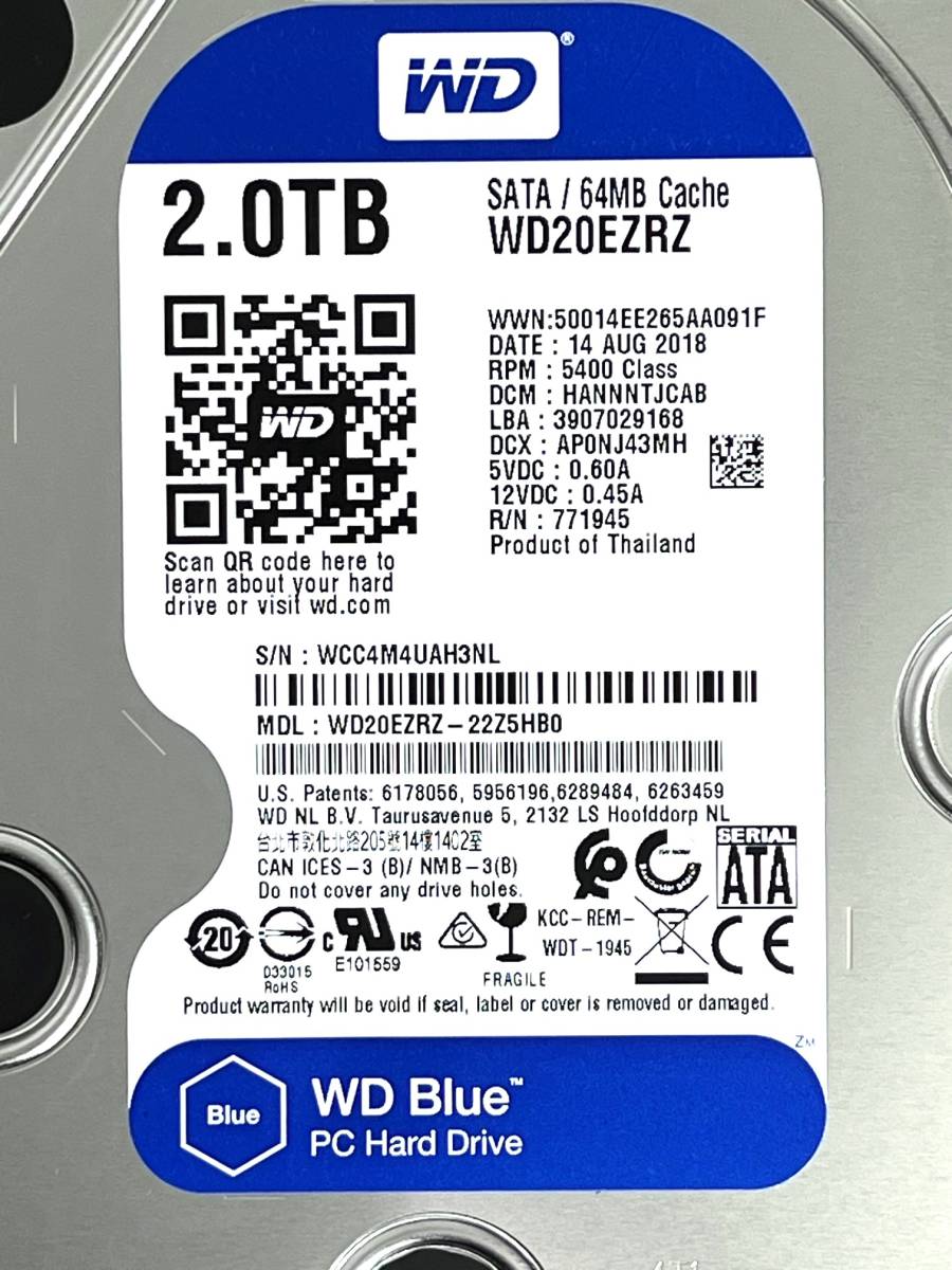 【送料無料】　★ 2TB ★　WD Blue　/　WD20EZRZ　【使用時間：5 ｈ】2018年製　新品同様　3.5インチ内蔵HDD　Western Digital Blue　SATA