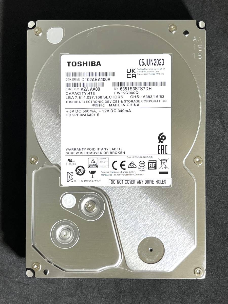 【送料無料】　★ 4TB ★　TOSHIBA / DT02ABA400V　【使用時間： 197 ｈ】　2023年製　稼働少　3.5インチ内蔵HDD　SATA　AVコマンド対応_画像1