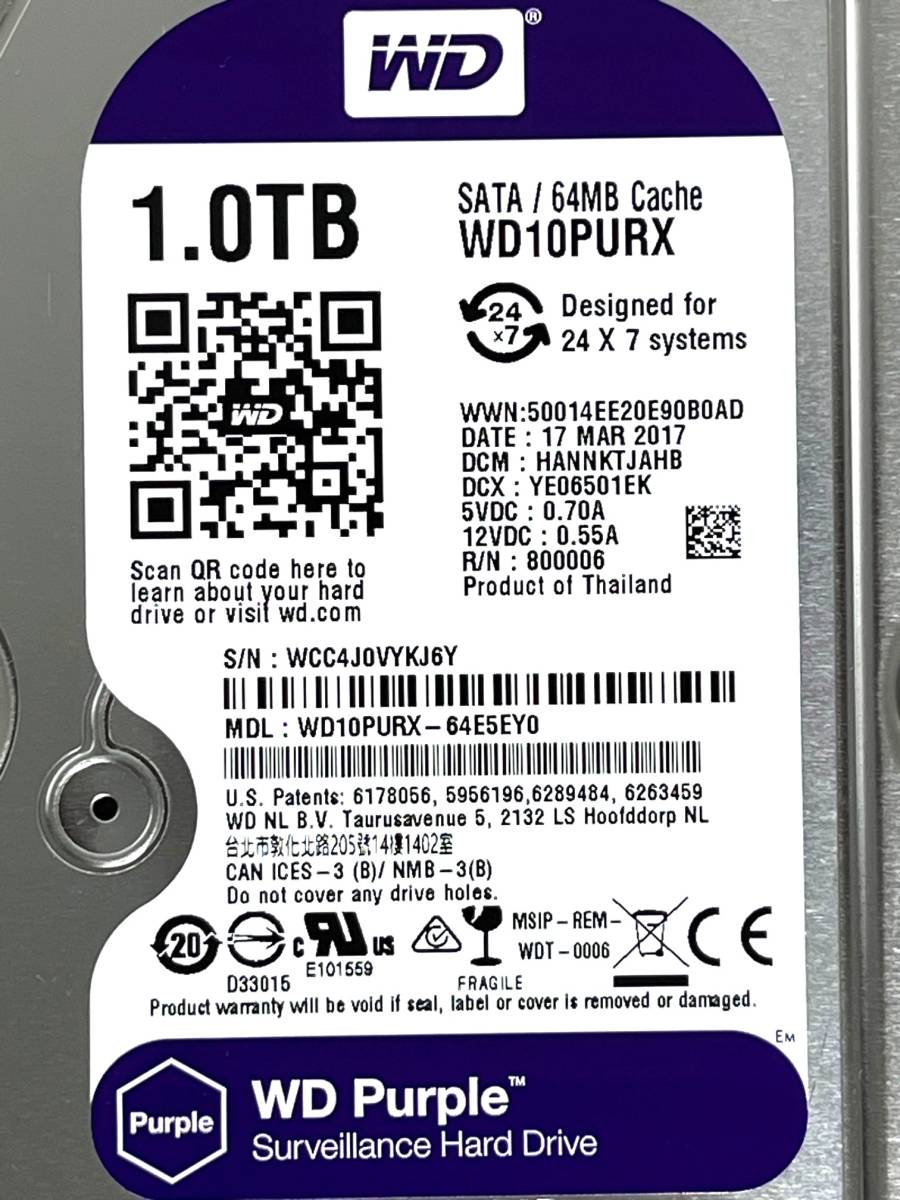 【送料無料】　★ 1TB ★　WD Purple / WD10PURX 【使用時間：6 ｈ】2017年製　新品同様 3.5インチ内蔵HDD　Western Digital Purple SATA