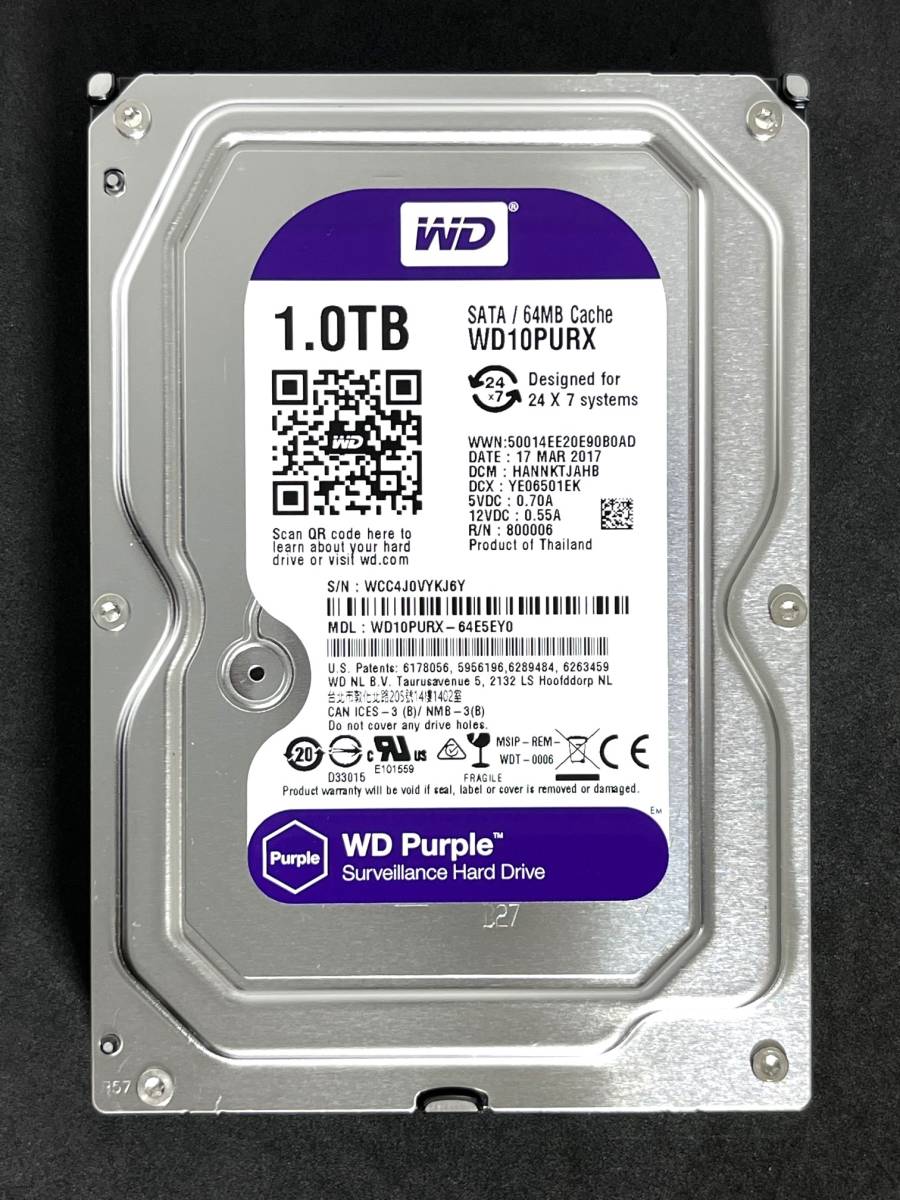 【送料無料】　★ 1TB ★　WD Purple / WD10PURX 【使用時間：6 ｈ】2017年製　新品同様 3.5インチ内蔵HDD　Western Digital Purple SATA